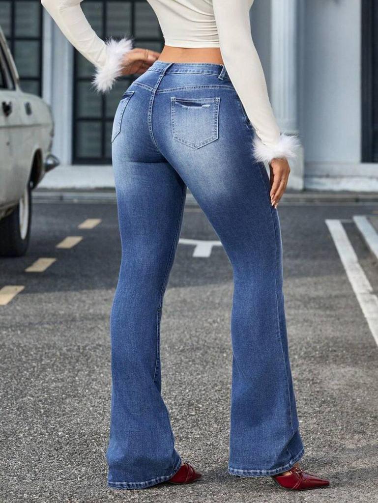 Women's Versatile Dark Blue Casual Denim Jeans, Micro-Flare, Elastic Mid-Waist, European & American Style, All-Season 2026