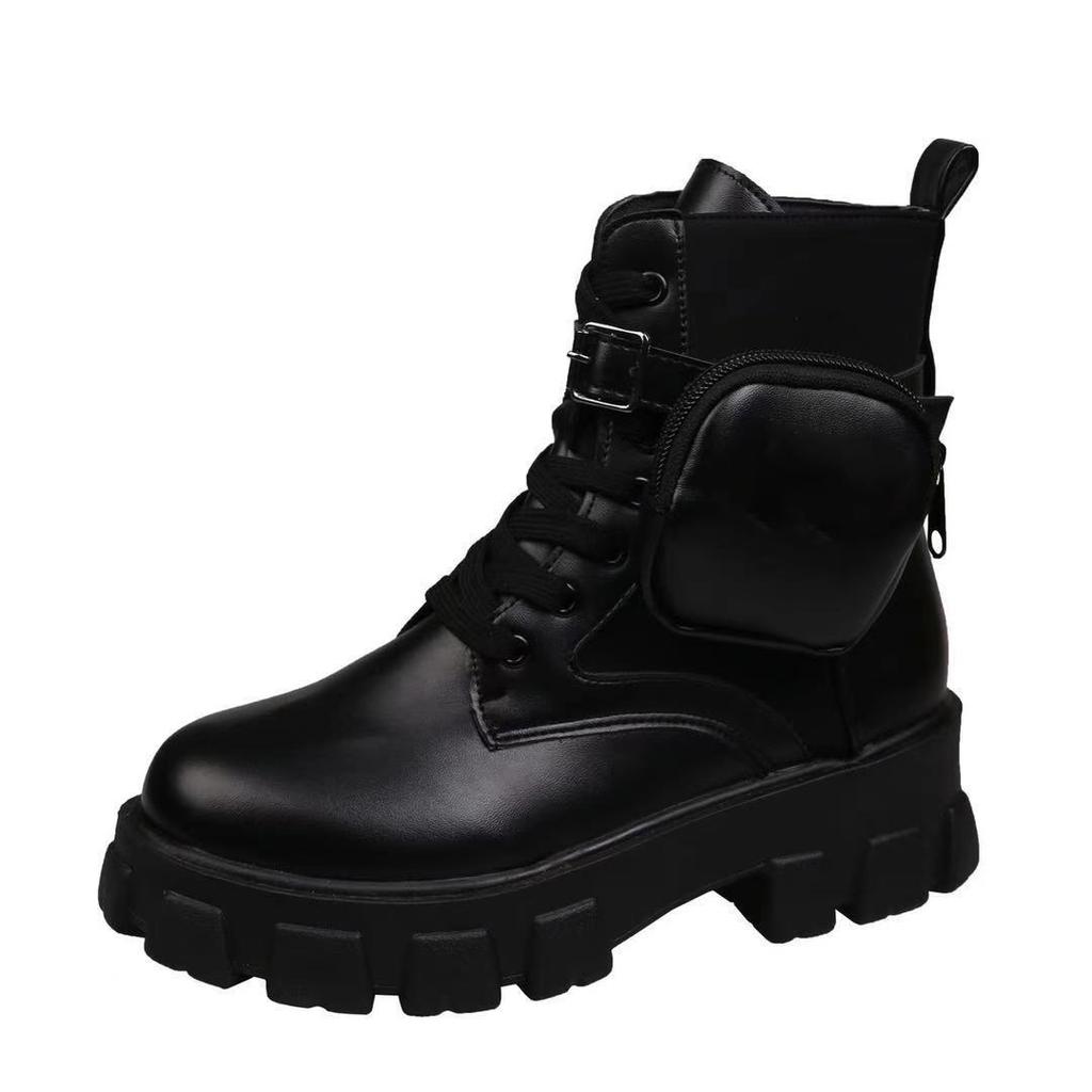 Damen Schwarze Punk Knöchel Dicksohlige Motorradstiefel Mode Schnürung Frühling Dicke Ferse Gürtelschnalle Tasche Designer Klobige Schuhe
