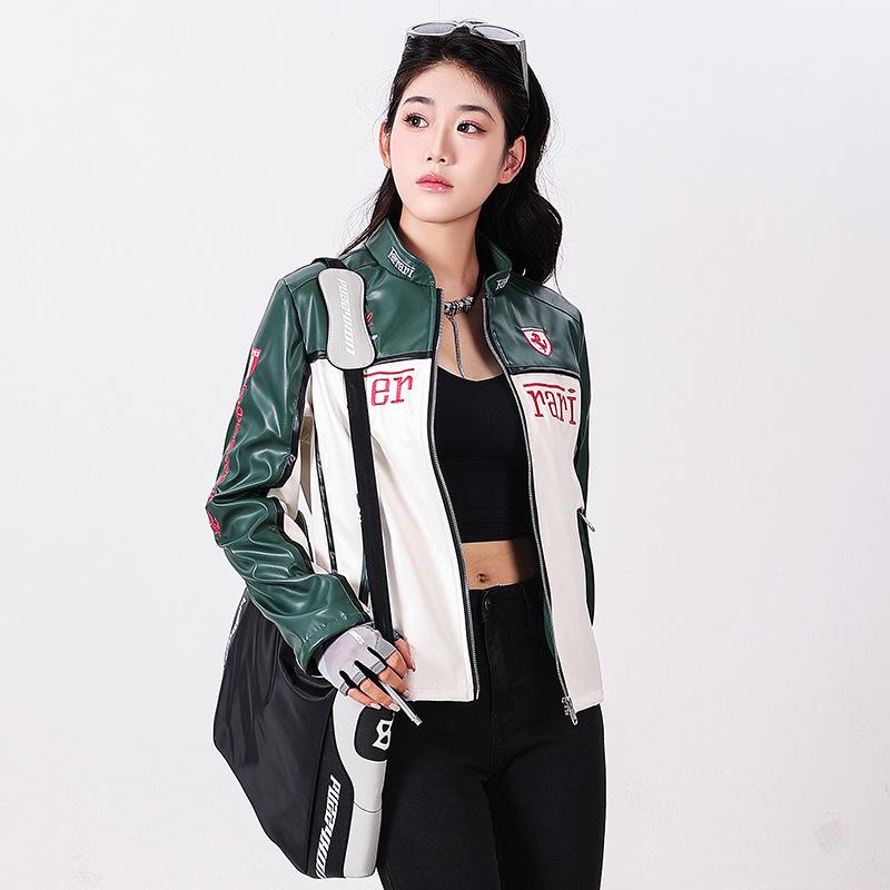 Women's Racing-Style PU Leather Motorcycle Jacket, Small Size - Trendy European and American Winter Outerwear
