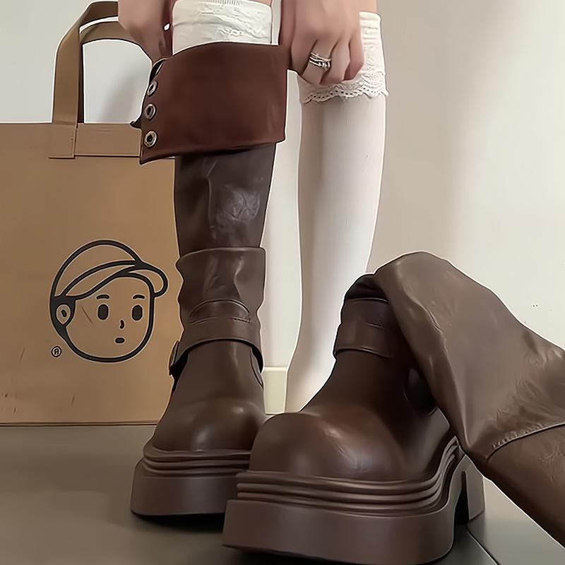 Herbst Winter Damen Ritter Kniehohe Stiefel Schlichte Schlupfschuhe Dicksohlige Schuhe Damen Vintage Western Cowboy Botas