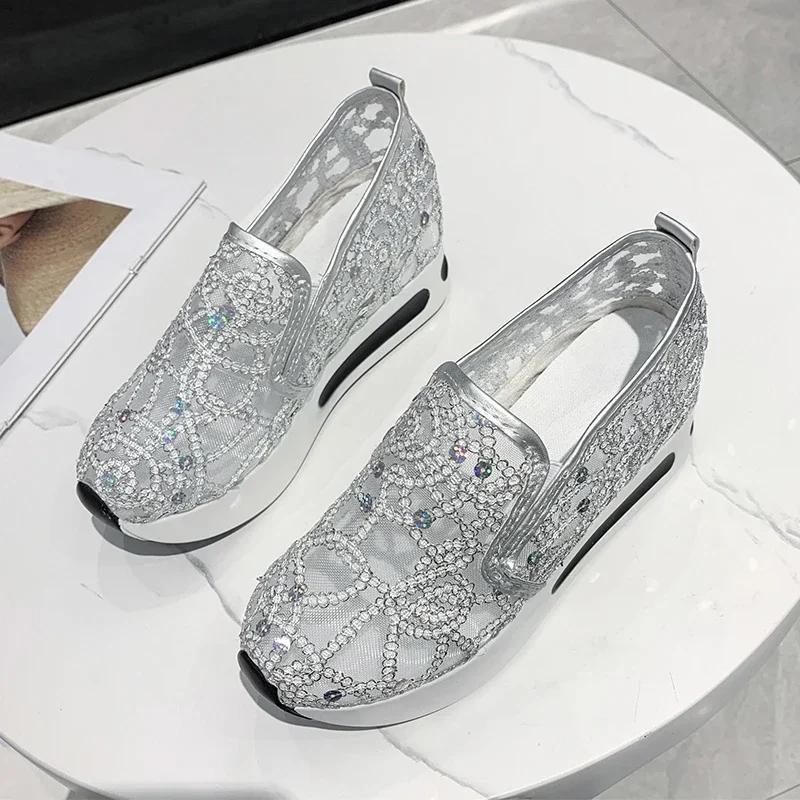 Women Sneakers 2024 Platform Wedge Embroidery Mesh Sneakers Women Slip On Casual Comfy Heeled Shoes for Women Zapatos De Mujer