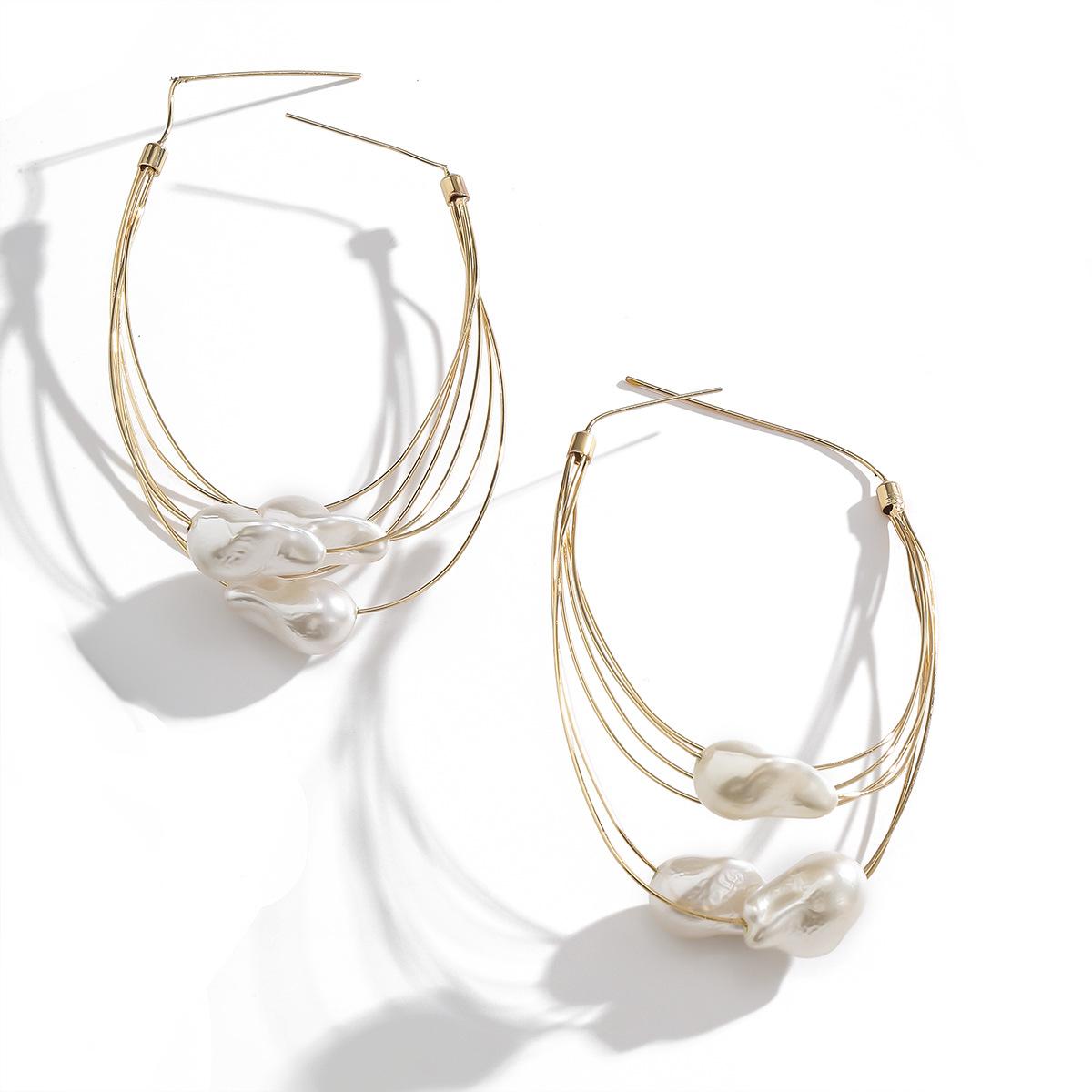 Baroque Style Handmade Geometric Copper Earrings Personality Multi-layer Tassel Imitation Pearl Earrings for Women Gold 2007