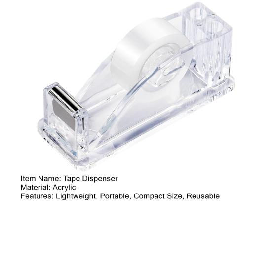 Acrylic Tape Dispenser with Pen Holder Transparent Compact Size Portable Office School Desktop Tape Cutter Holder