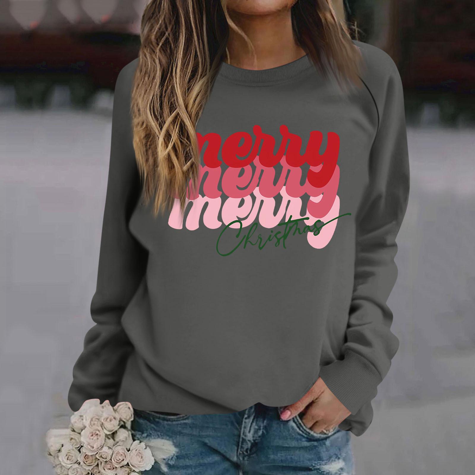 

Женские футболки, свободные, модные и повседневные толстовки с круглым вырезом и длинными рукавами с рождественским принтом L