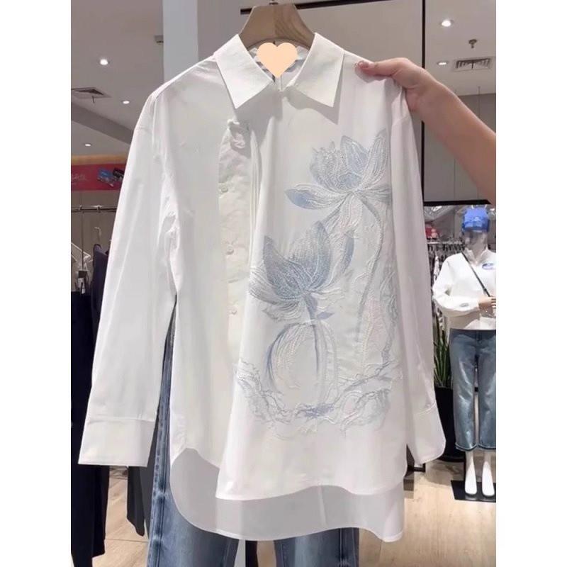 Modern Chinese Style Embroidered Long Sleeve Shirt With Polo Collar For Office Wear