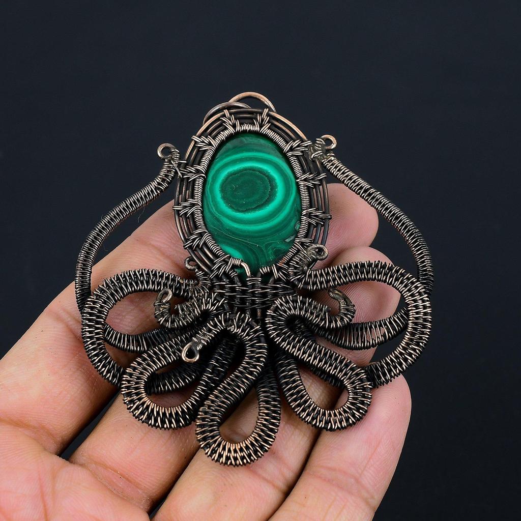 Malachite Gemstone Pure Copper Wire Wrapped Handmade Pendant Octopus Shaped Jewelry Gift