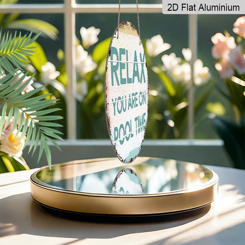 2D Flat, 1pc Round Aluminum Hanging Sign, "Take It Easy, Pool Time" Rustic Teal and White Print, Easy-to-hang Decor, Rustic Summer Leisure Craft