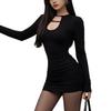 Spring and Autumn New Pure Desire Wind Hollow Neckline Sexy Spice Girl Slim U-Neck Long Sleeve High Waist Dress Fashion