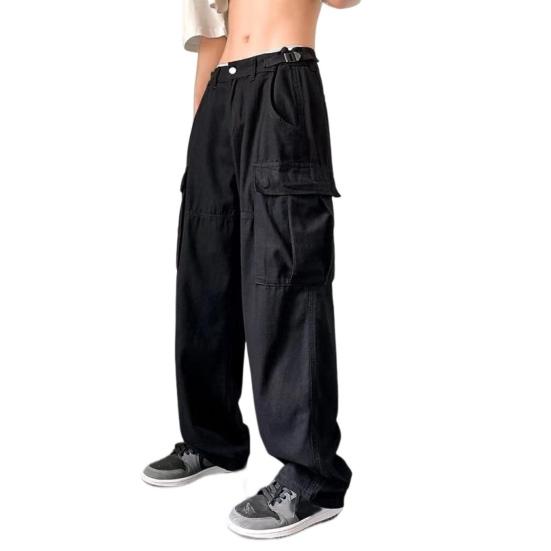 Mannen Cargobroek Rechte pijpen Meerdere zakken Effen Kleur Rits Knoopsluiting Elastische bandgesp Warme losse verstelbare taille Herenbroeken Herenkledingstuk