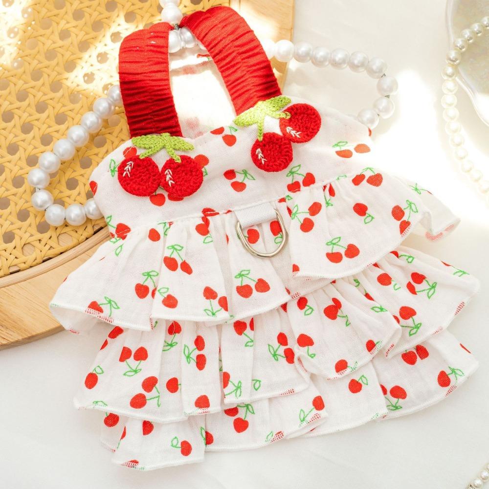 With Buckle Puppy Lace Skirt Cherry Pattern Wedding Dress New Dog Princess Dress  Summer Clothing