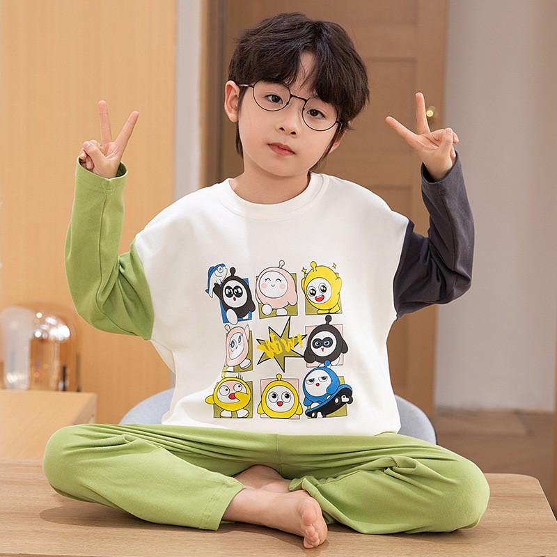 Boys Cotton Pajama Set Long Sleeve Cartoon Print Sleepwear Kids Teens Home Wear