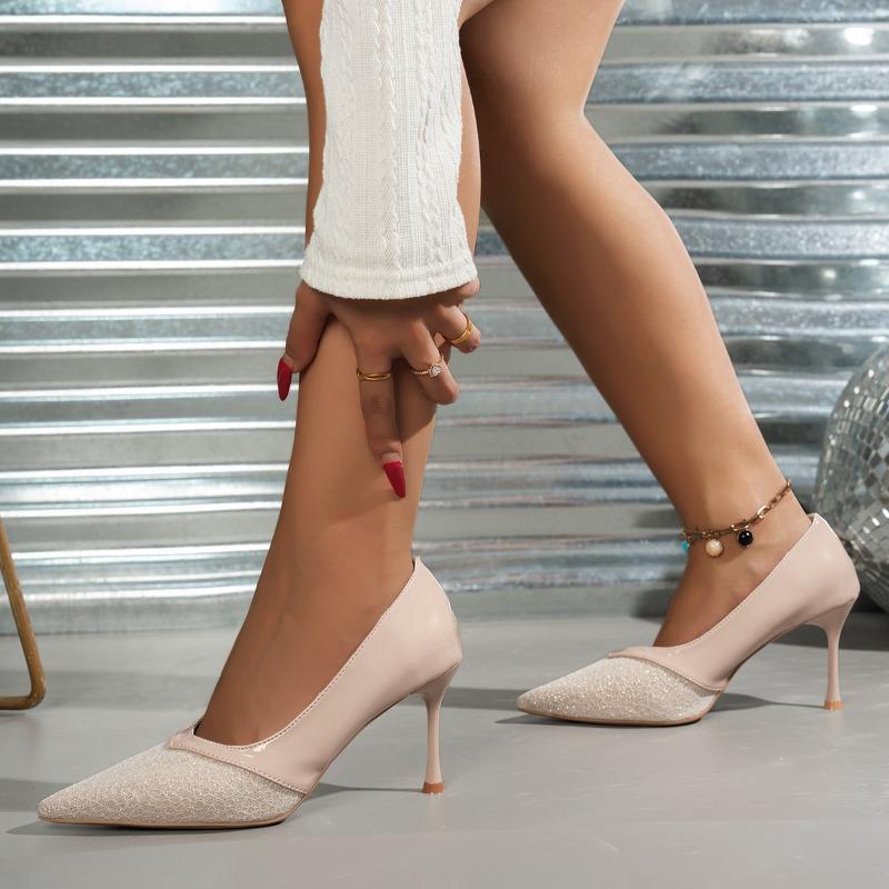 Fashion Banquet Stiletto Single Fall New Pointed Toe Shallow Mouth Lace Paneled Slip-on Anti-Slip Wear-Resistant High Heels