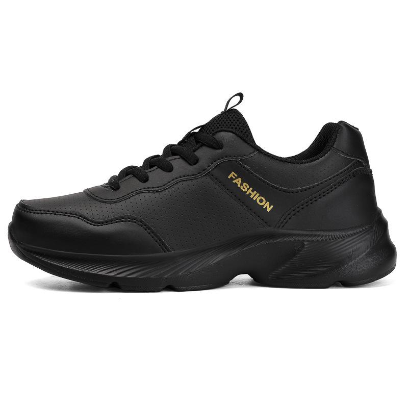All Black Sports Shoes, Waterproof Casual Shoes with Leather Surface, Not Tired After Standing for a Long Time, Soft-soled Non-slip Running Shoes