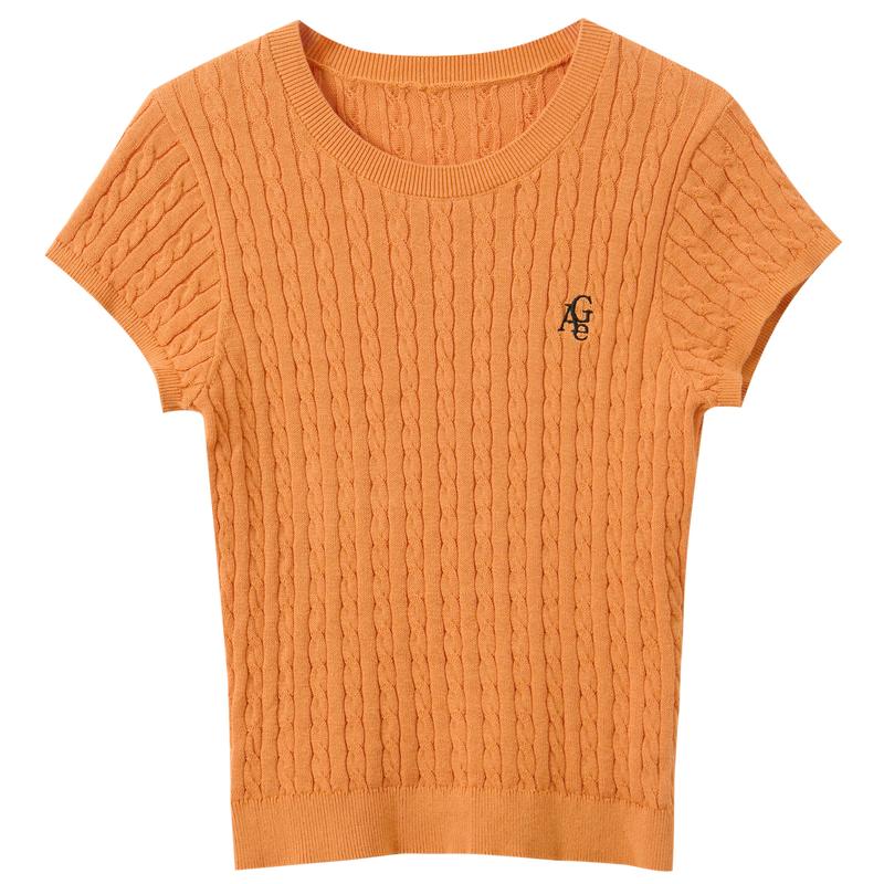 

Sancai 2026 Summer Embroidered Short Sleeve Cable Knit Pullover XL