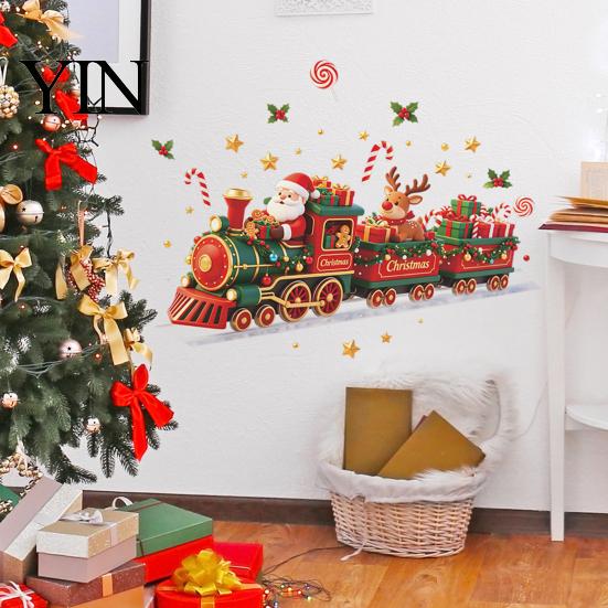 Self Adhesive Holiday Mural Christmas Train Wall Sticker, Santa Claus Reindeer Decals, Window Clings Murals, Removable PVC Art Decor for Home