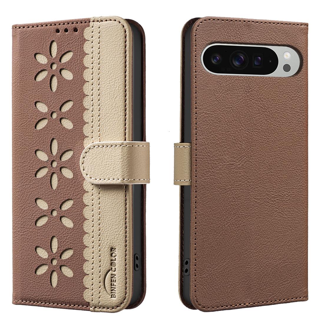 

For Google Pixel 8 Leather Case BINFEN COLOR BF36 Floral Pattern Phone Cover RFID Blocking Wallet Stand Brown