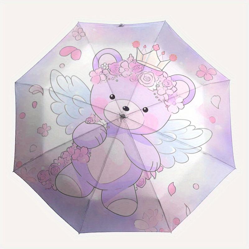 1pc Purple Bear Pattern Automatic 3-Fold Umbrella, 8 Iron Frames, High-Value Folding Umbrella, Suitable for Office, Travel and Outdoor Adventure.G086