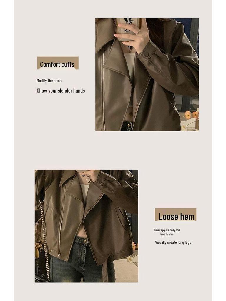 Women's Slimming PU Leather Jacket - Spring/Autumn, Lapel, Petite and Versatile Fashion