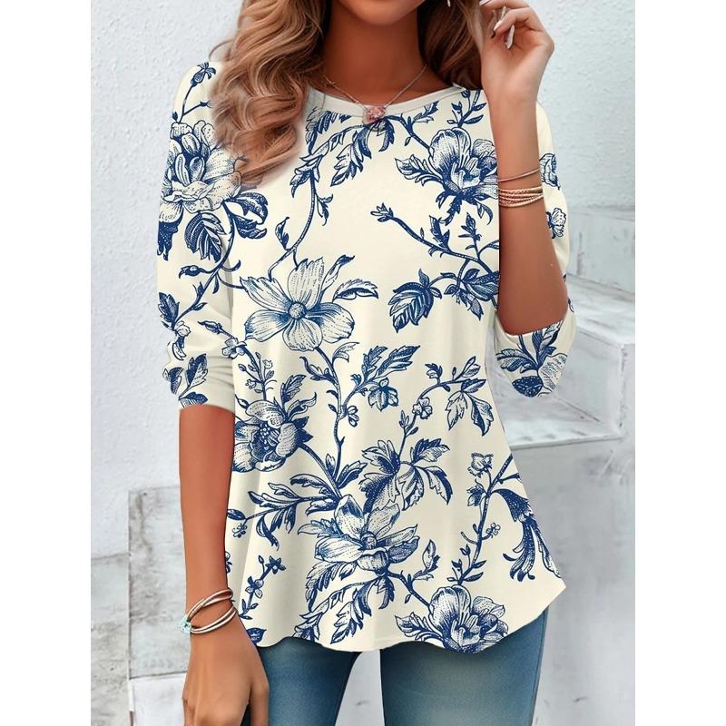 Women's T Shirt Print Graphic Plants Vintage Fashion Stylish Long Sleeve Crew Neck Round Neck Regular Tops
