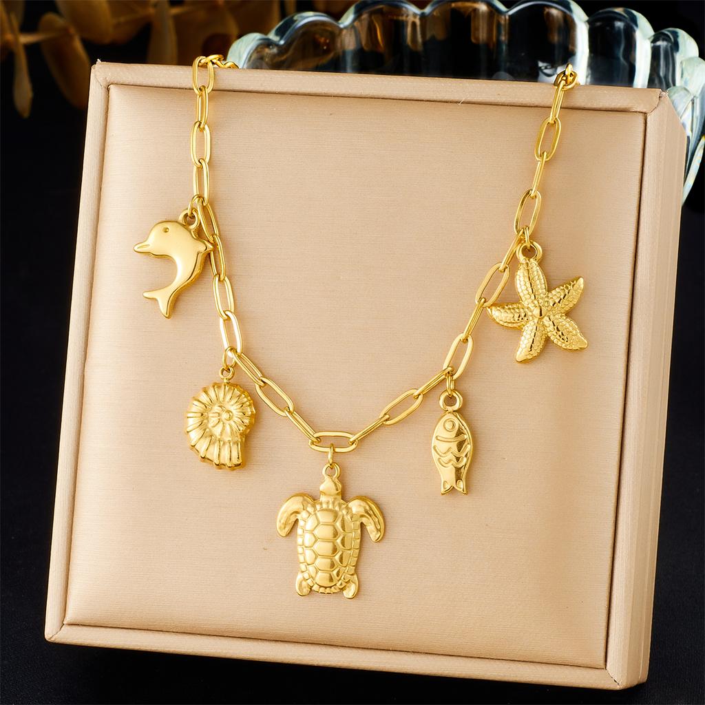 DIEYURO 316L Stainless Steel Golden Dolphin Conch Dolphin Fish Starfish Pendant Necklace Lady New Fashion Neck Chain Jewelry
