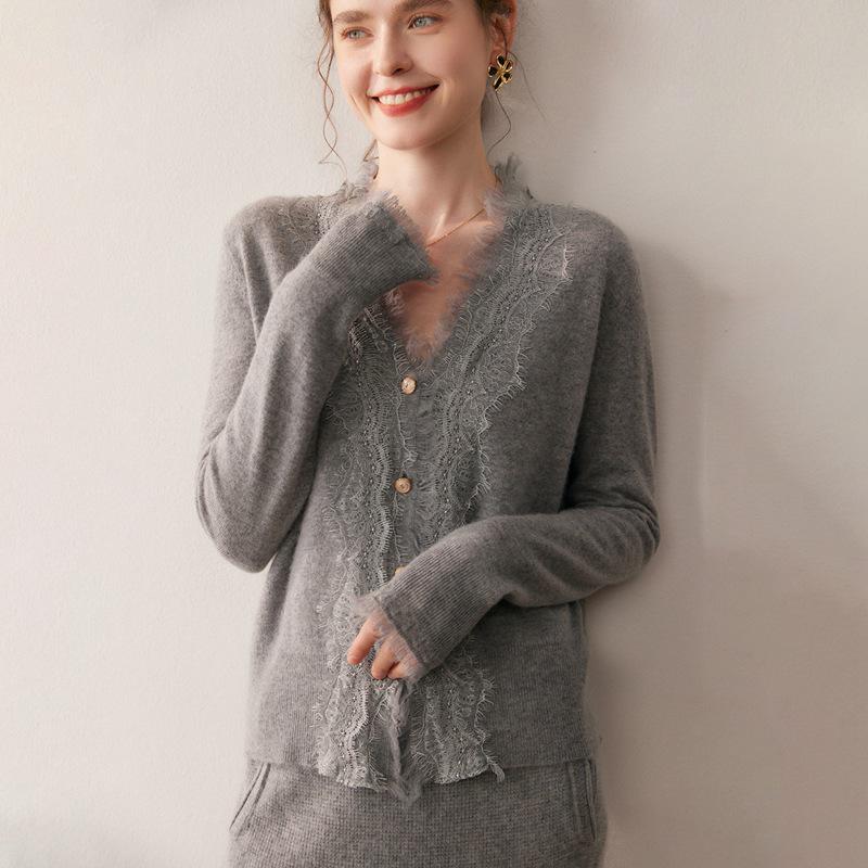 2025 Herbst/Winter Damen V-Ausschnitt Kaschmir Spitzen Strickjacke