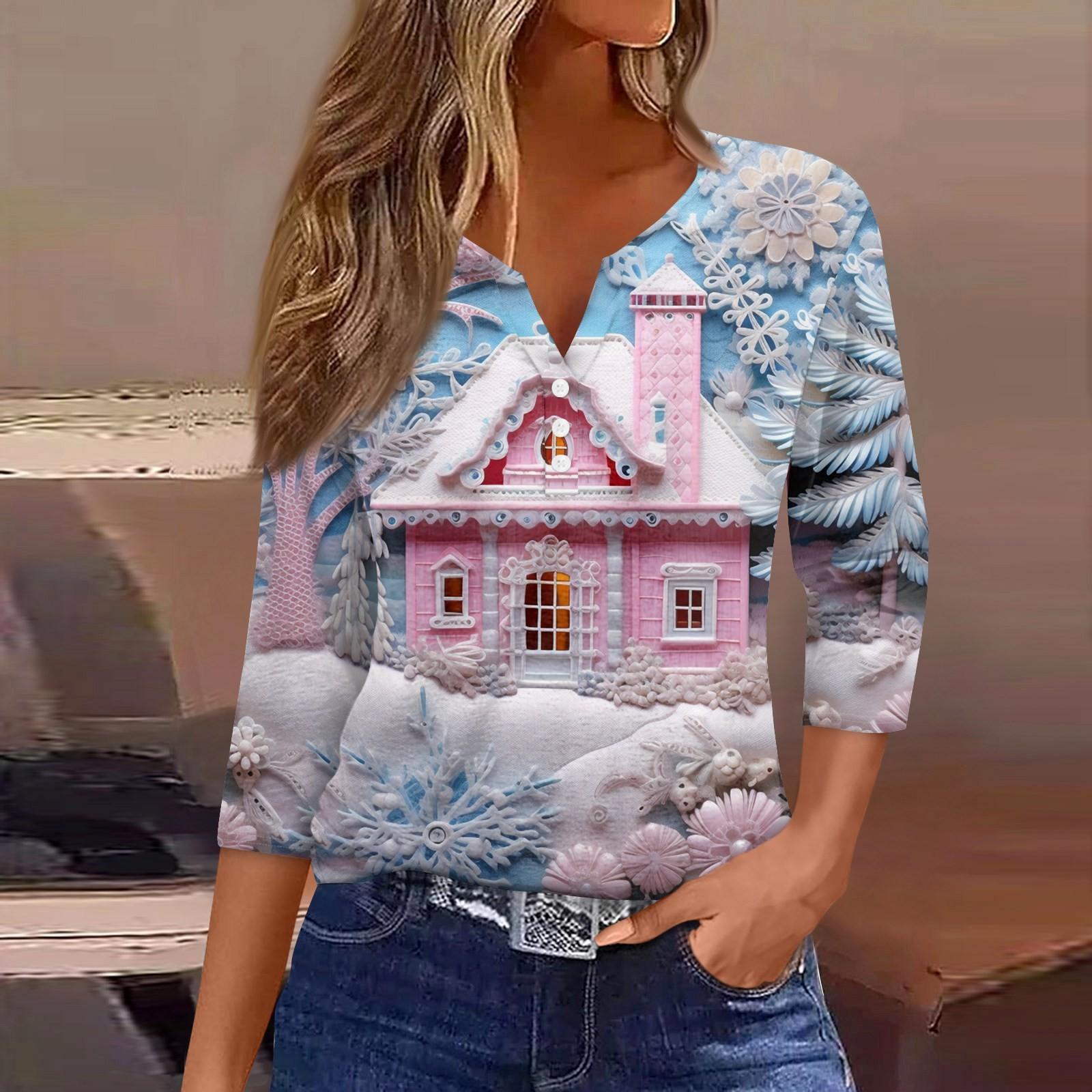 

Жен. Футболка Футболка С принтом Пуговицы Рукав 3/4 Повседневные Выходные Мода Классический Классический V-образный вырез Обычный Верх S