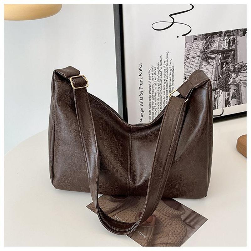 PU Leather Commuter Fashi Vintage Casual Tote Bag Maillard Stylish Crossbody Bags for Women Texture Large Capacity Temperament
