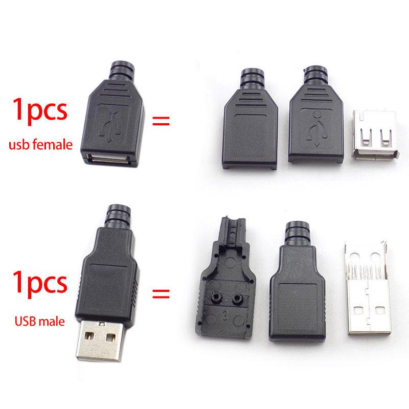 100pcs Type A Male Female USB 4 Pin Plug Socket Connector With Black Plastic Cover Type-A DIY Kits
