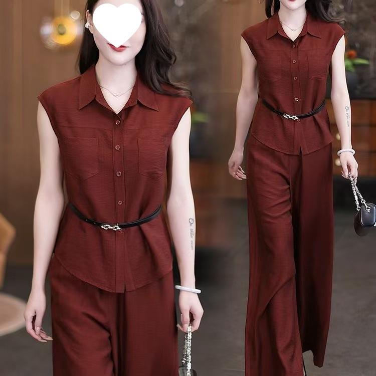 Fashionable Suit for Women in Summer, Stylish, Slimming, Flesh-covering Shirt, Wide-leg Pants, Elegant Two-piece Set