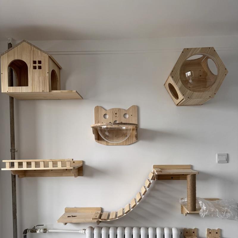 Indoor Wall-mounted Cat Paradise Cat Bridge Hammock Wooden Steps or Scratching Post For Cats To Rest and Play