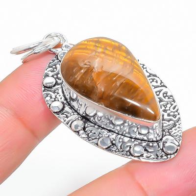 Natural Tiger Eye Gemstone Handmade 925 Sterling Silver Pendant 2.13" L3q73