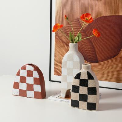 Frosted Ceramic Vase Geometric Check Pattern Flower Vase Flower Arrangement Accessories Coarse Pottery Pot Home Decoration