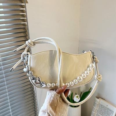 Women'S Bag Small Square Bag Fashion Pu Shoulder Bag Premium Pearl Chain Messenger Bag