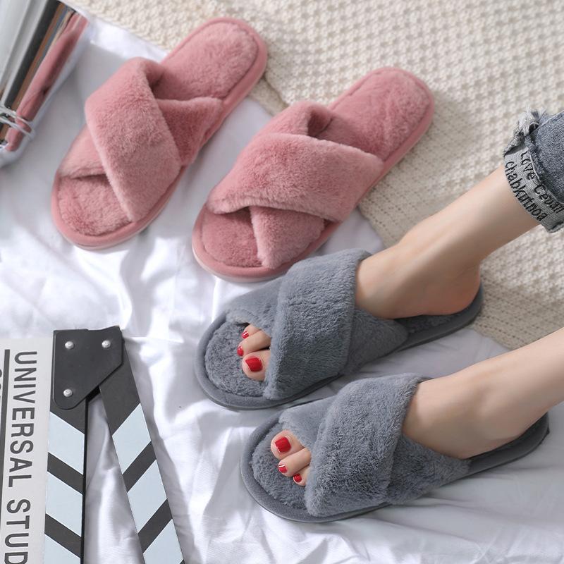 Cross-shaped Plush Slippers, New Indoor Warm Cotton Slippers for Autumn and Winter, Thickened Toe Exposed Plush Slippers