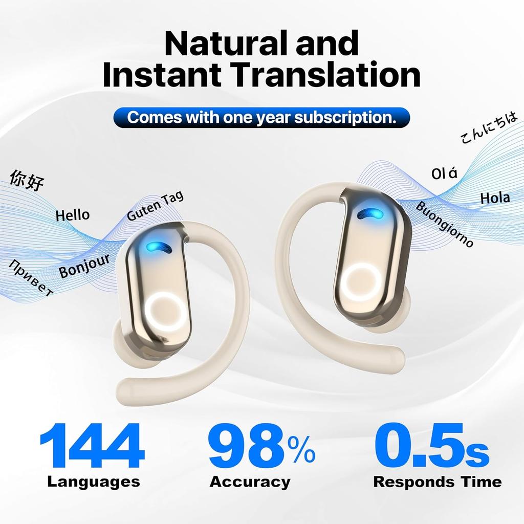 AI OWS Translation Earbuds 3-in-1 Translator Earphones 144 Languages & Accents & 8 Offline Translation Long Battery Life Earphones for Travel Business