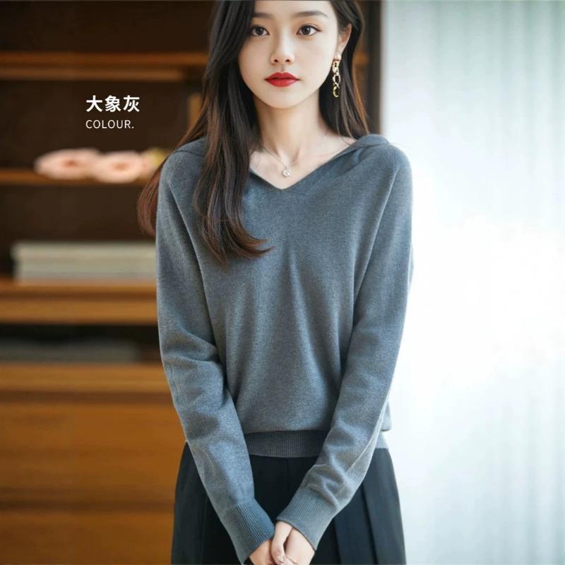 Women S Loose Hooded Long Sleeve Knit Sweater Color Block Commute Style