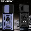 KEYSION Shockproof Armor Case for Infinix GT 30 Pro Slide Camera Lens Protection Ring Stand Phone Cover for Infinix GT 30 Pro 5G