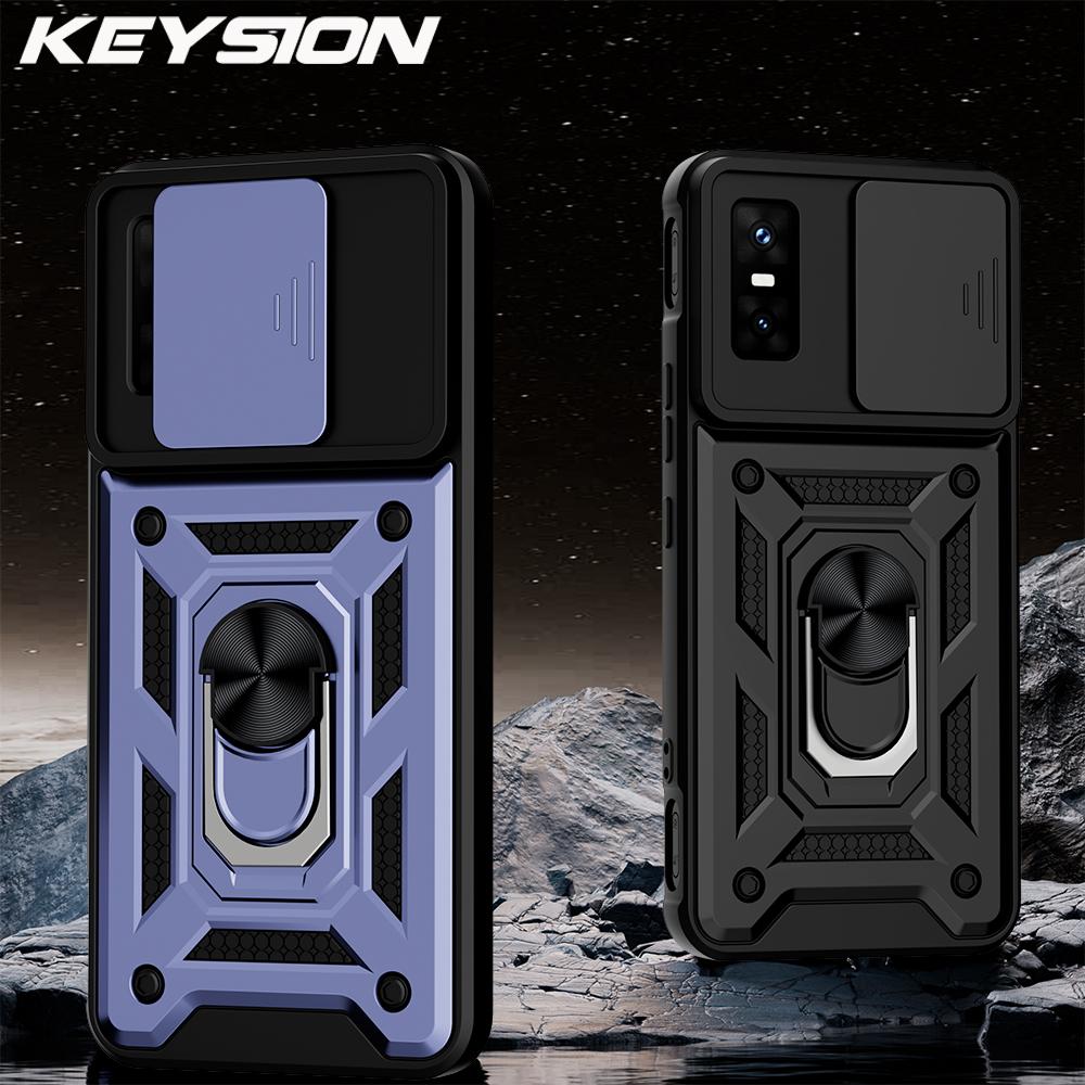 KEYSION Shockproof Armor Case for Infinix GT 30 Pro Slide Camera Lens Protection Ring Stand Phone Cover for Infinix GT 30 Pro 5G