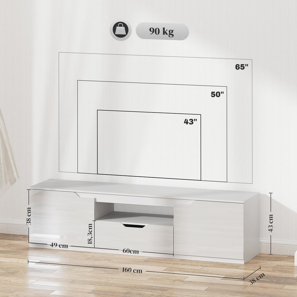 TV stand 160 cm, TV cabinet for televisions up to 65 inches with 2 doors and drawer, white