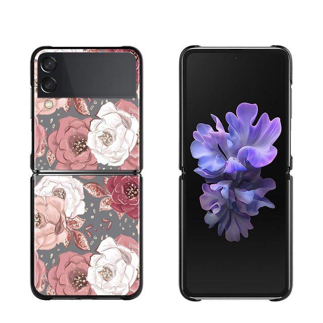 Phone Case For Samsung Galaxy Z Flip3 5g Back Cases For Samsung Z Flip Capa Black Shell Fundas Rose Pink Purple Bling Pattern