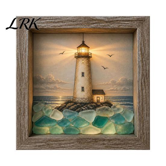 Ambient Picture Frame Light Sea Glass Art Painting with LED Light, DIY Mosaic Arts and Craft Kit, Decorative Ocean Themed Beach Kit for Home