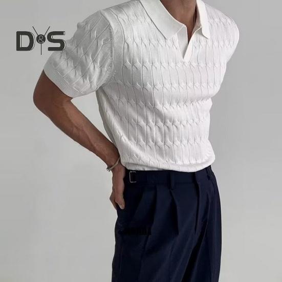 Herren Sommer Top Umlegekragen V-Ausschnitt Jacquard Strick Einfarbig Kurze Ärmel Locker Dehnbar Formeller Business-Stil Mittellanges Herren Alltagshemd