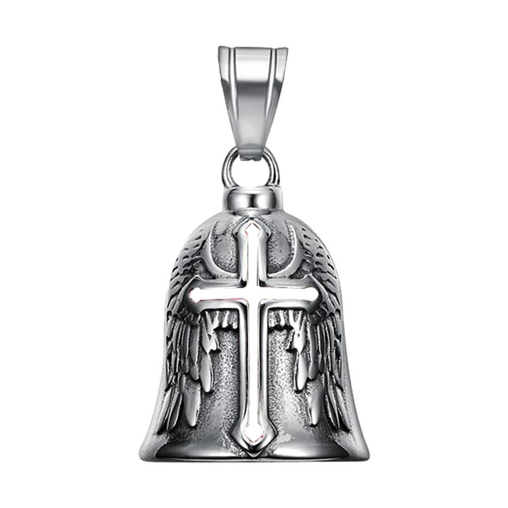 Stainless Steel Retro Punk Angel Cross Motorcycle Riding Lucky Bell Men Motorcycle Bell Charm Riding Bell Necklace Ornament