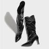 Fashion Runway Pleated Patent Leather Boots Female Pointed Toe Stiletto Heels Pumps Autumn Winter Knee High Shoes Women