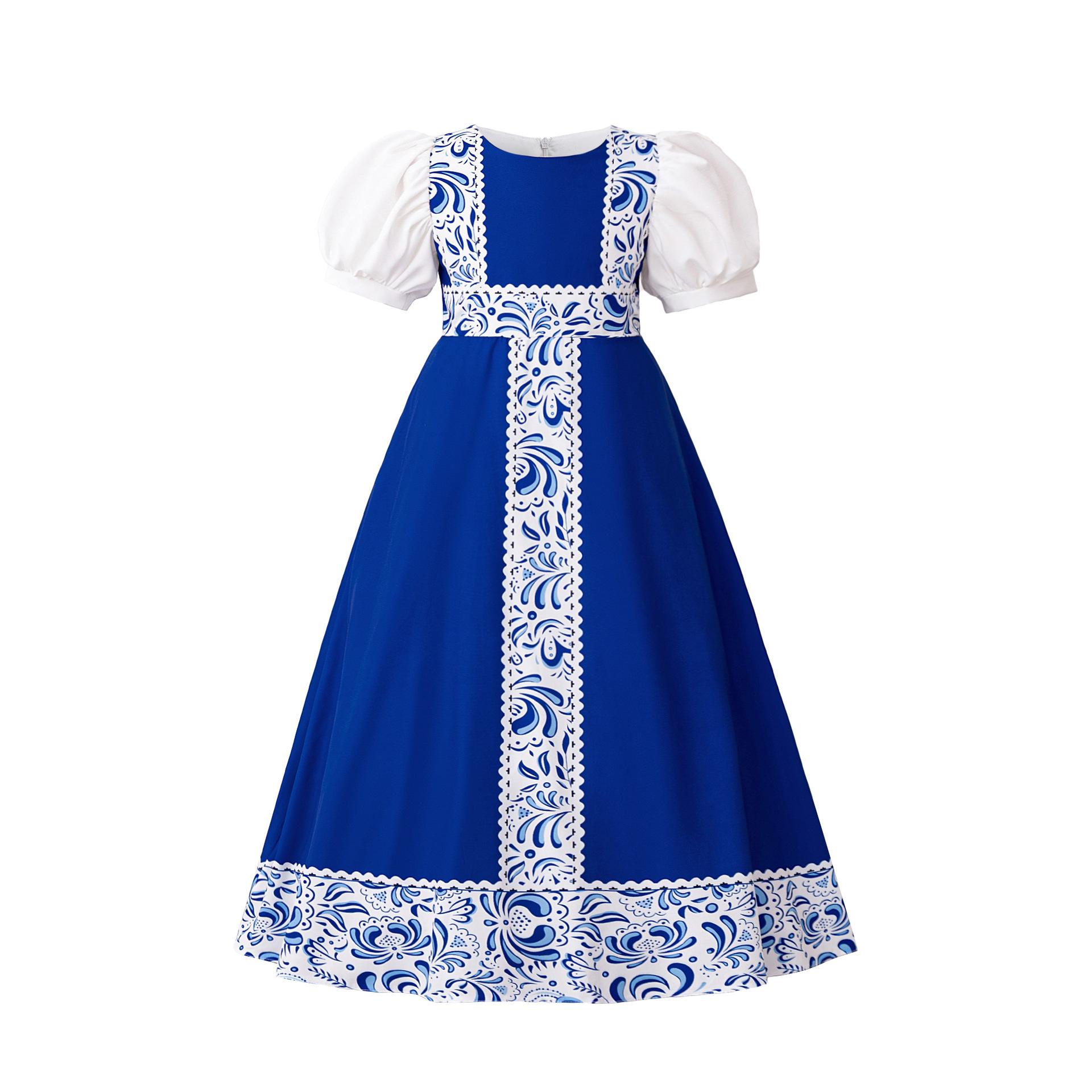 

Платье-халат для девочек с принтом, пышные рукава, круглый вырез, длинное платье 140 разноцветный