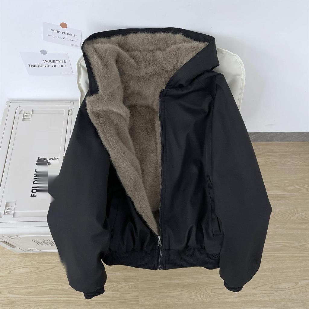 Unisex Reversible Hooded Cotton Jacket with Thick Velvet for Winter