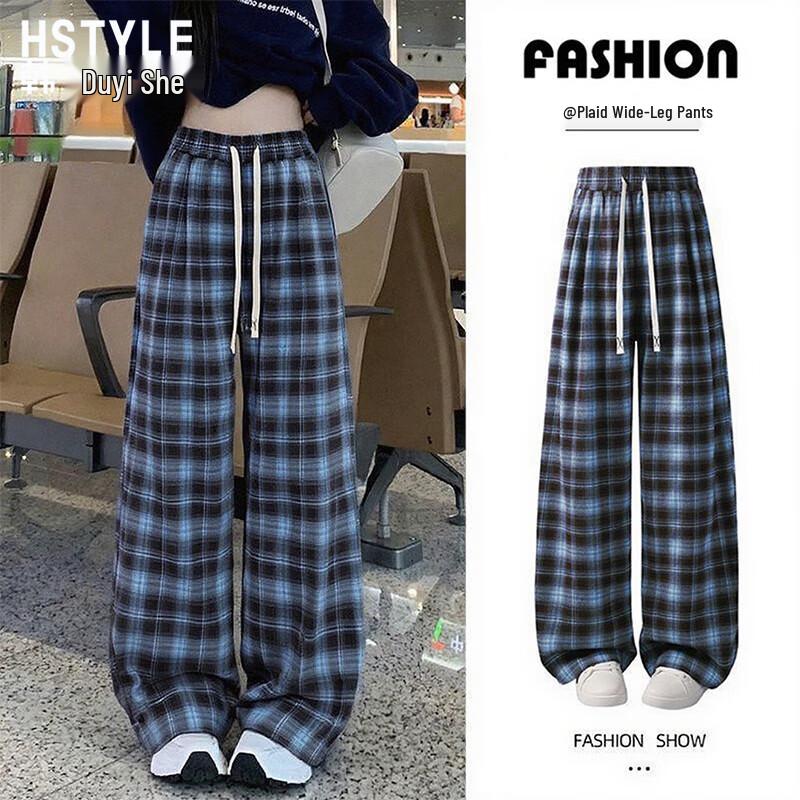 HSTYLE Women's Plaid High-Waisted Wide-Leg Casual Pants