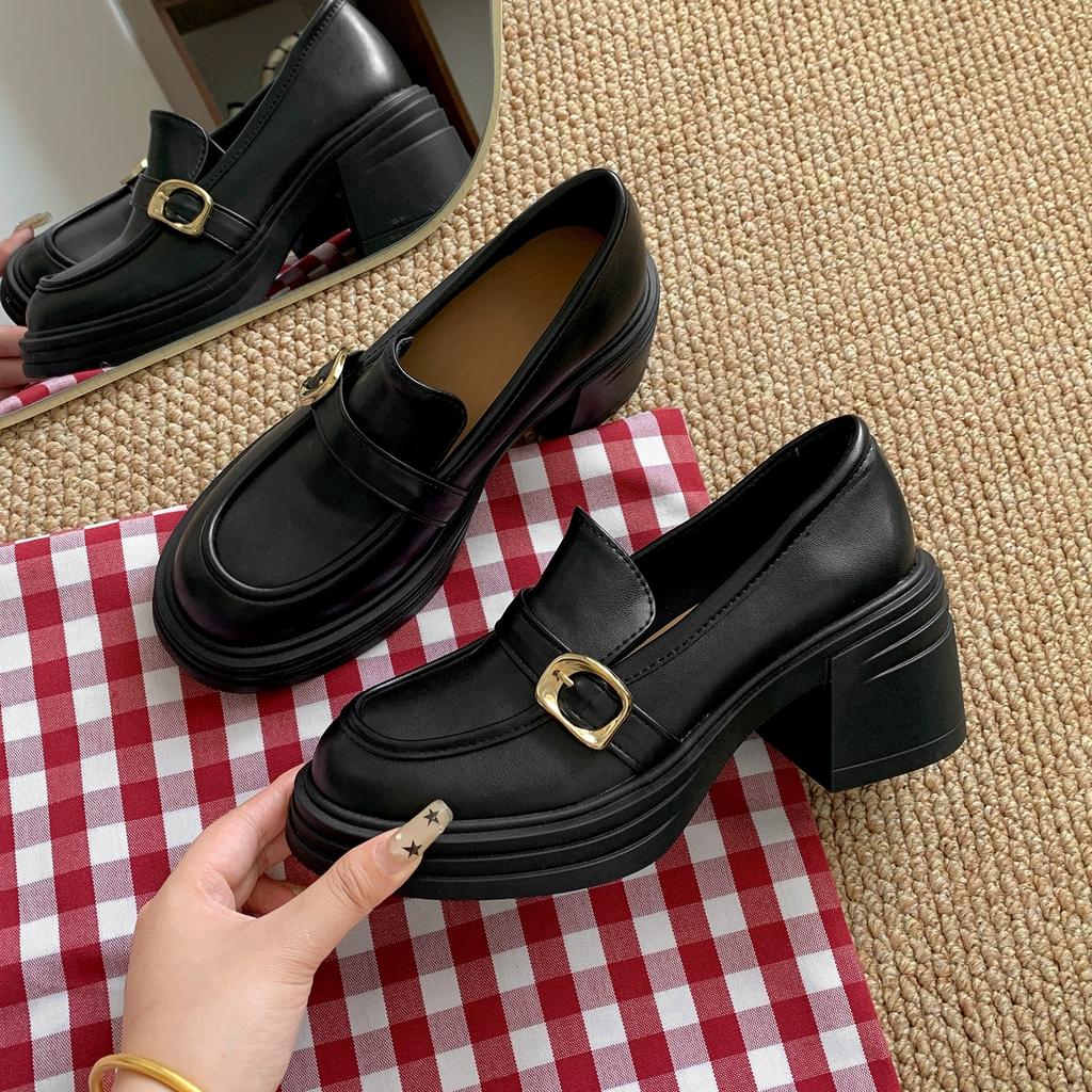 Black Retro British Style Thick High-heeled Small Leather Shoes Women's 2025 New Autumn Skirt Heightening Versatile Loafers