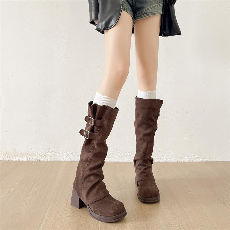 Fashion Vintage Women Western Cowboy Boots Removable Belt Buckle Autumn Winter Shoes Thick Heel Ladies Elegant Long Booties