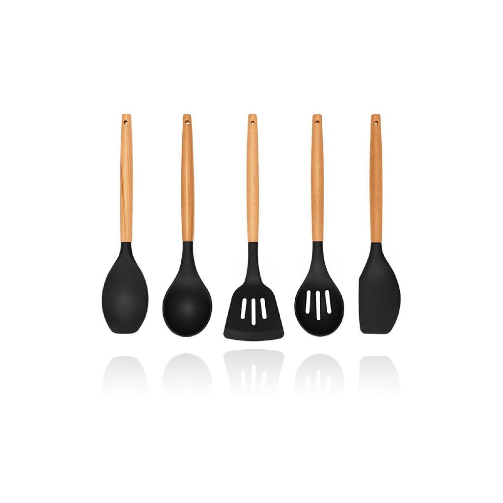 Lingo 5-teiliges Küchen- und Kochutensilien-Set aus Silikon mit Bambusgriff, Grau